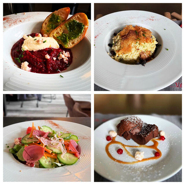 Mousseline betteraves & chevre, risotto aux champignons, salade fraicheur, moelleux chocolat