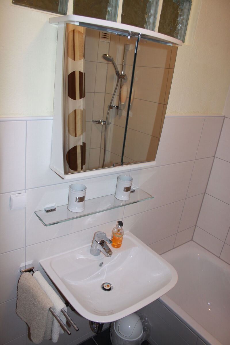 Badewanne mit Duschvorhang, WC, Haartrockner