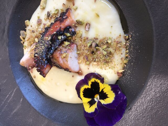 Polpo alla piastra con crema di patate e granella di pistacchio 