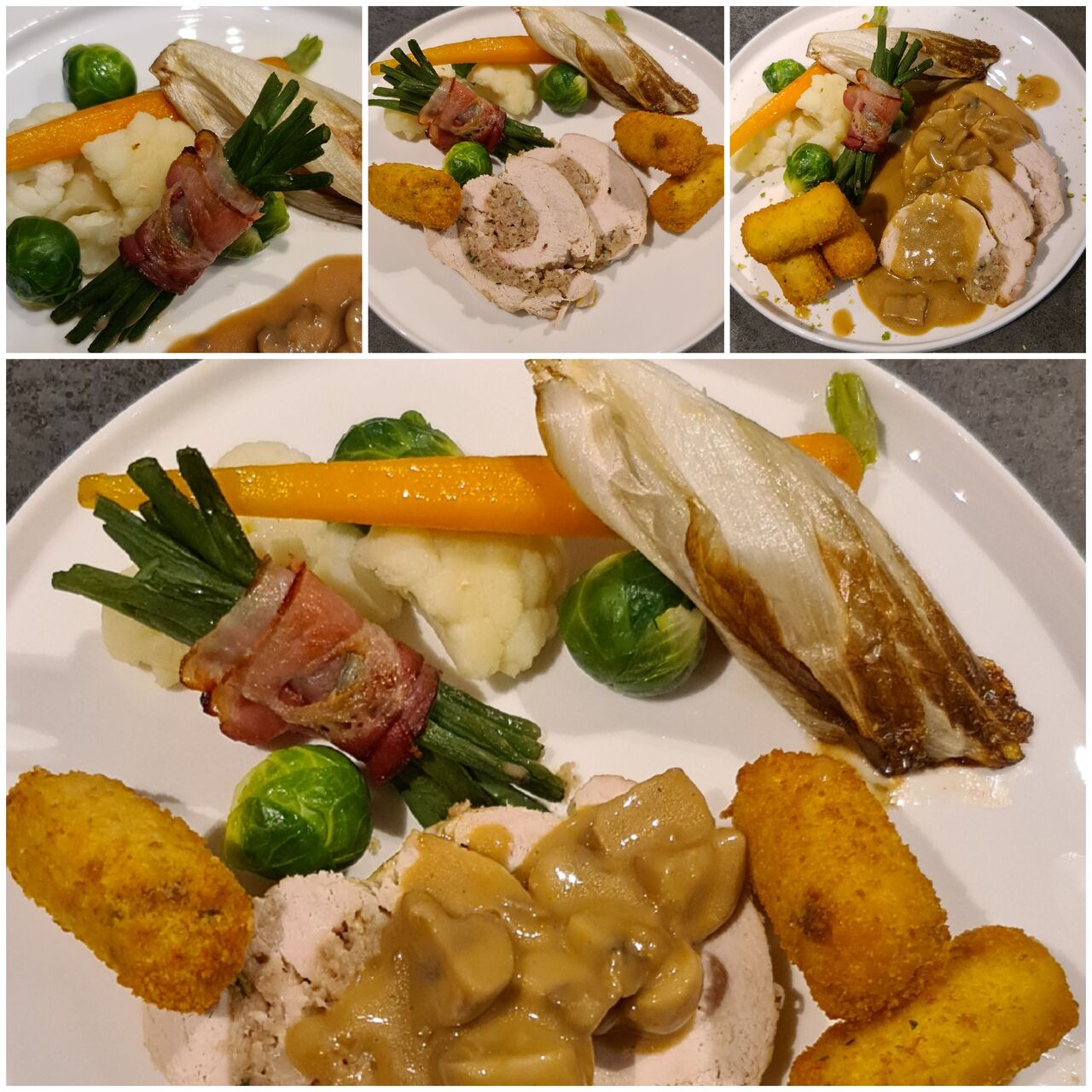 Gevulde kalkoenrollade
Met warme groenten krans