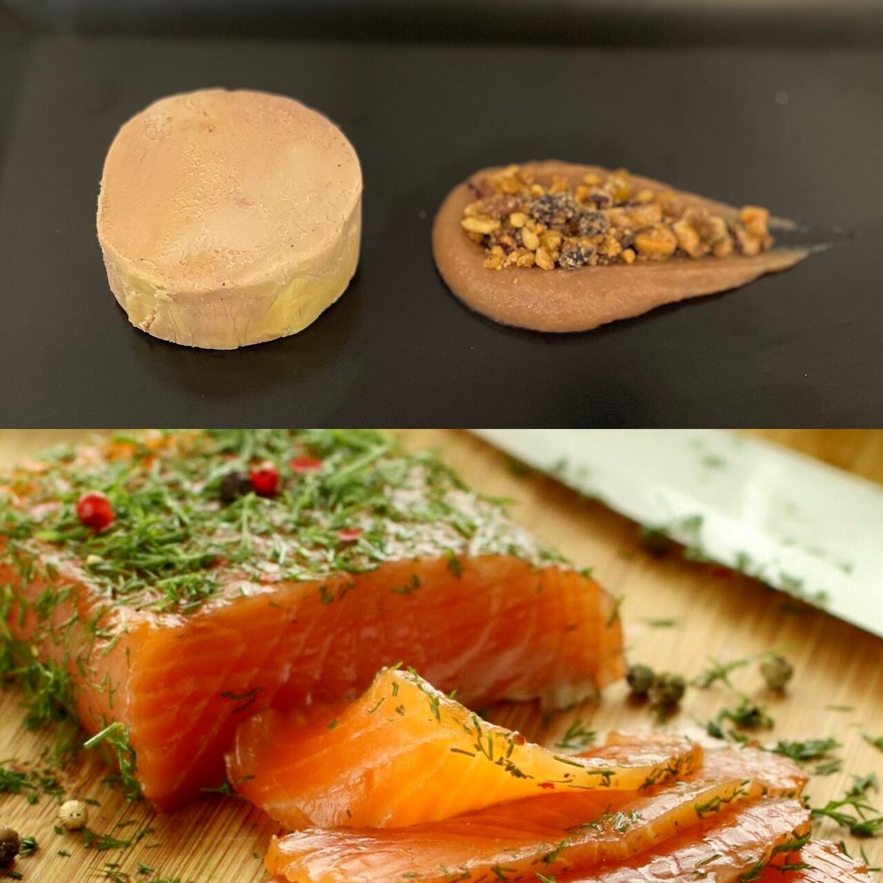 Saumon mariné aux agrumes et au gingembre, foie gras de canard mi-cuit