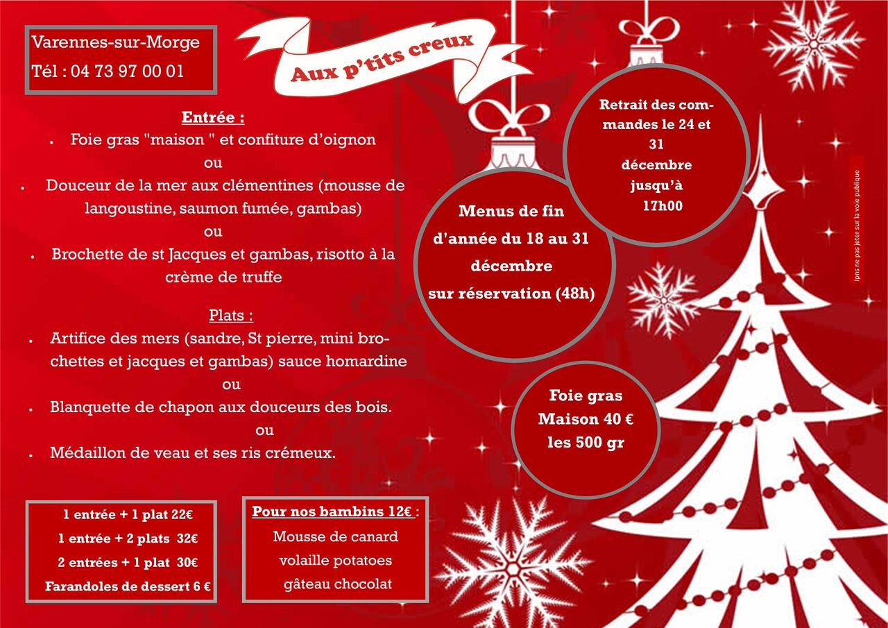 Menu de Noël et du 31 décembre (formule plat à emporter)