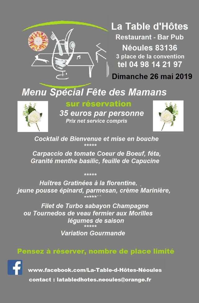 Menu Fête des Mamans