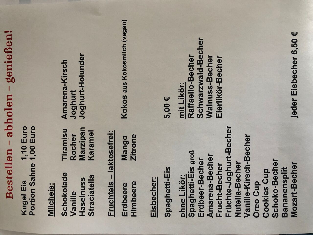 unser Eissortiment - ausschließlich zum Abholen - in Corona-Zeiten