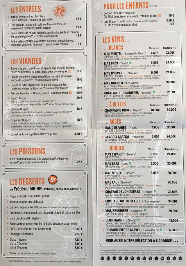 Carte des plats et Vins