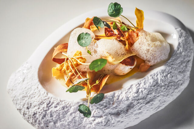 St Jacque grillée déclinaison de topinambour à la truffe