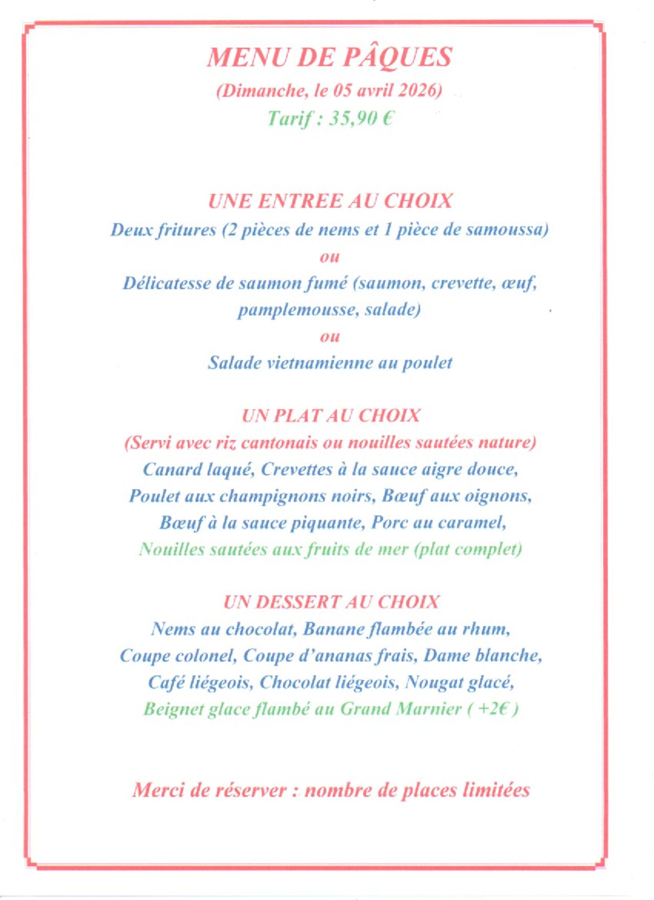 MENU DE PÂQUES 2026