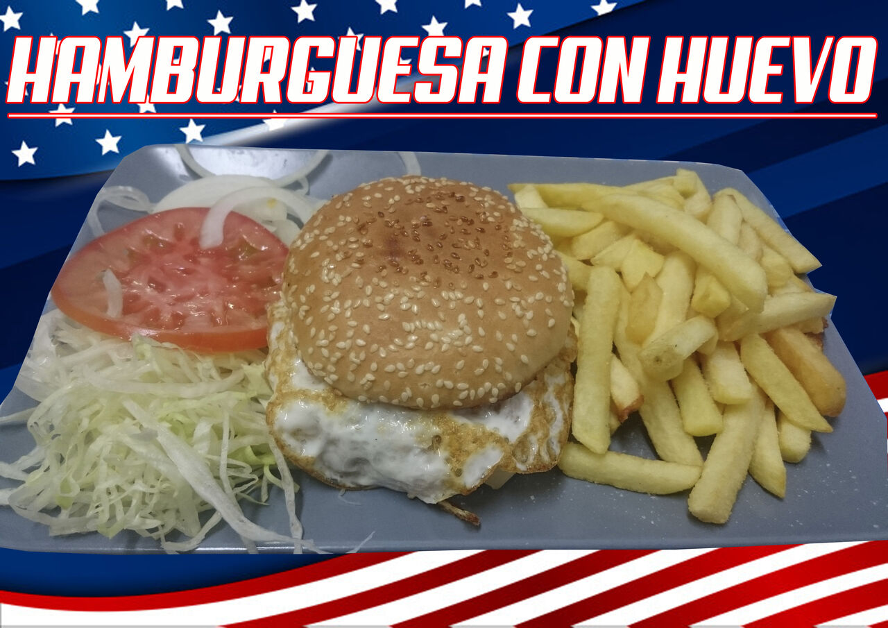 Carne, Huevo Plancha, Queso, Lechuga, Cebolla y Tomate Natural.