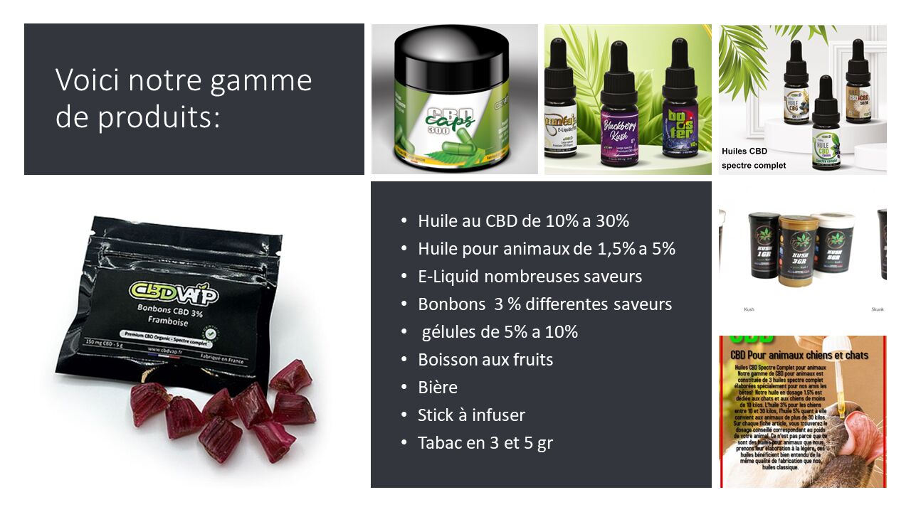 vente de produit a base de CBD
une gammes de fleurs en vente au gramme
bière artisanale a base de CBD
Bonbon en 5g et 25g
ect