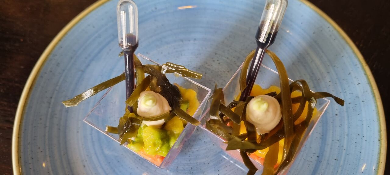 Thunfisch-Lachs-Tartar in Zitrusfrüchte mariniert mit Soja-Wasabi-Creme