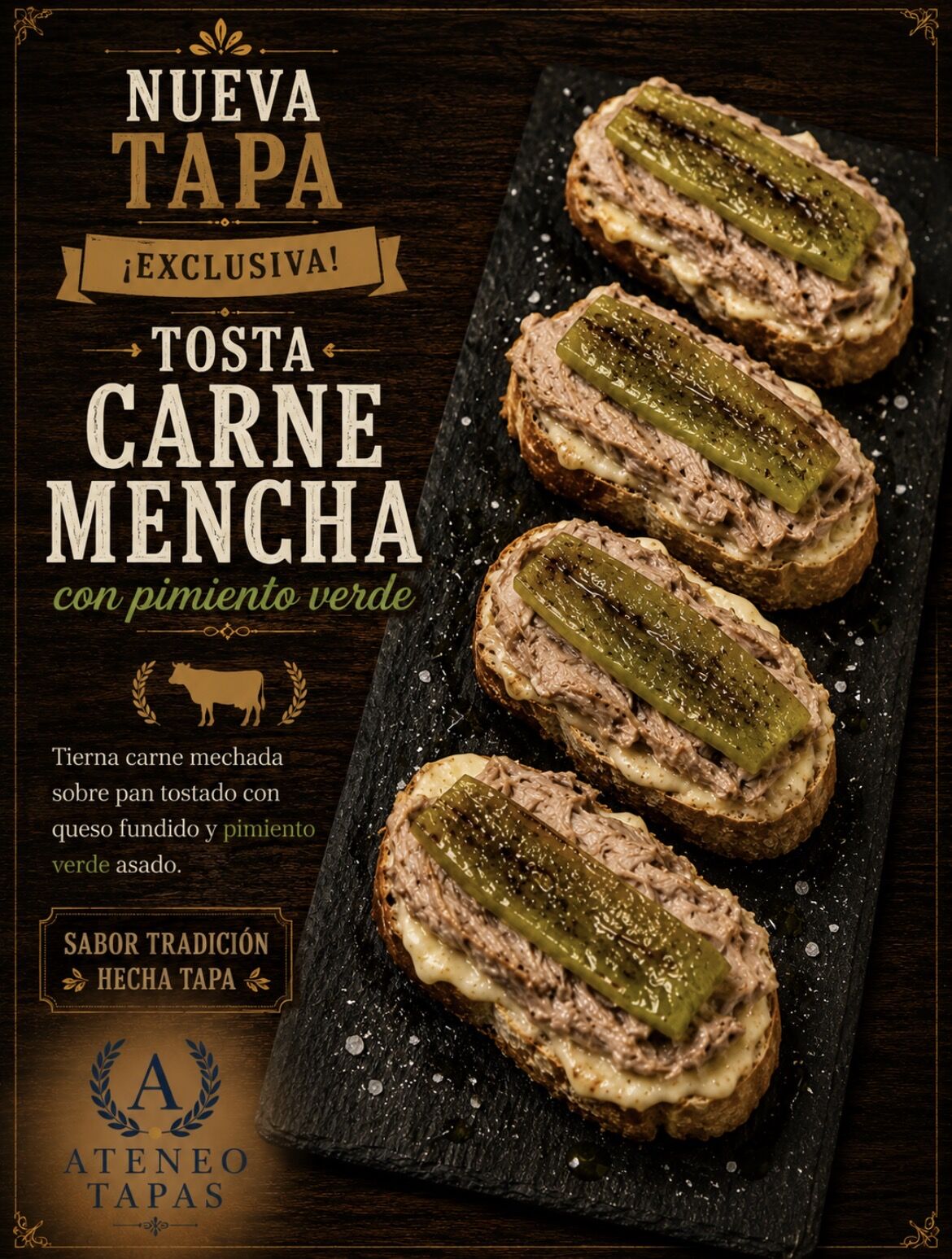 Tosta Carne Mencha con queso y pimento verde 