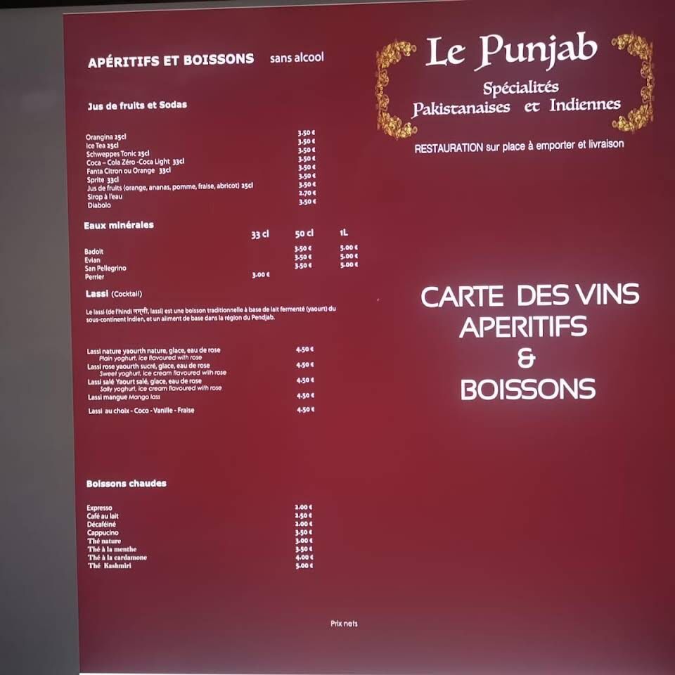 Restaurant le punjab Le Mans menu
