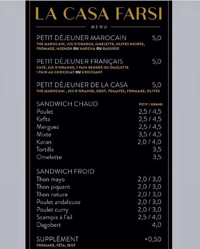 Voici le menu de La Casa Farsi
