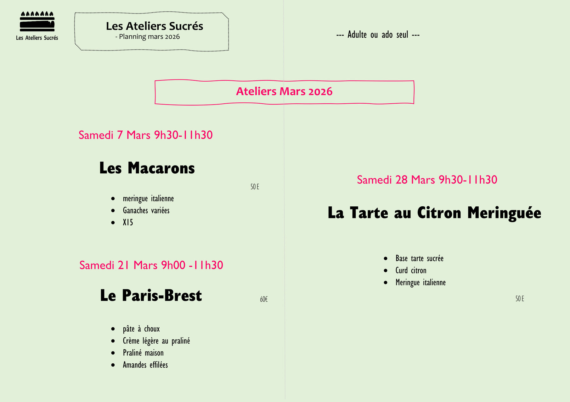 Ateliers adultes ados mars