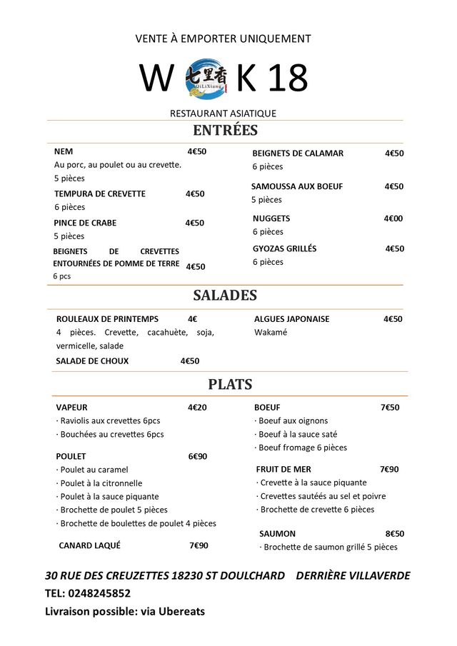 Menu 1 de plats à emporter 