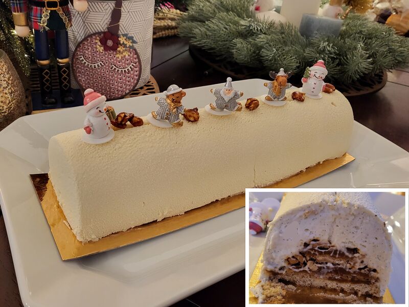 Bûche vanille - caramel - cacahuètes (ganache montée vanille, caramel au beurre salé et cacahuètes caramélisées)