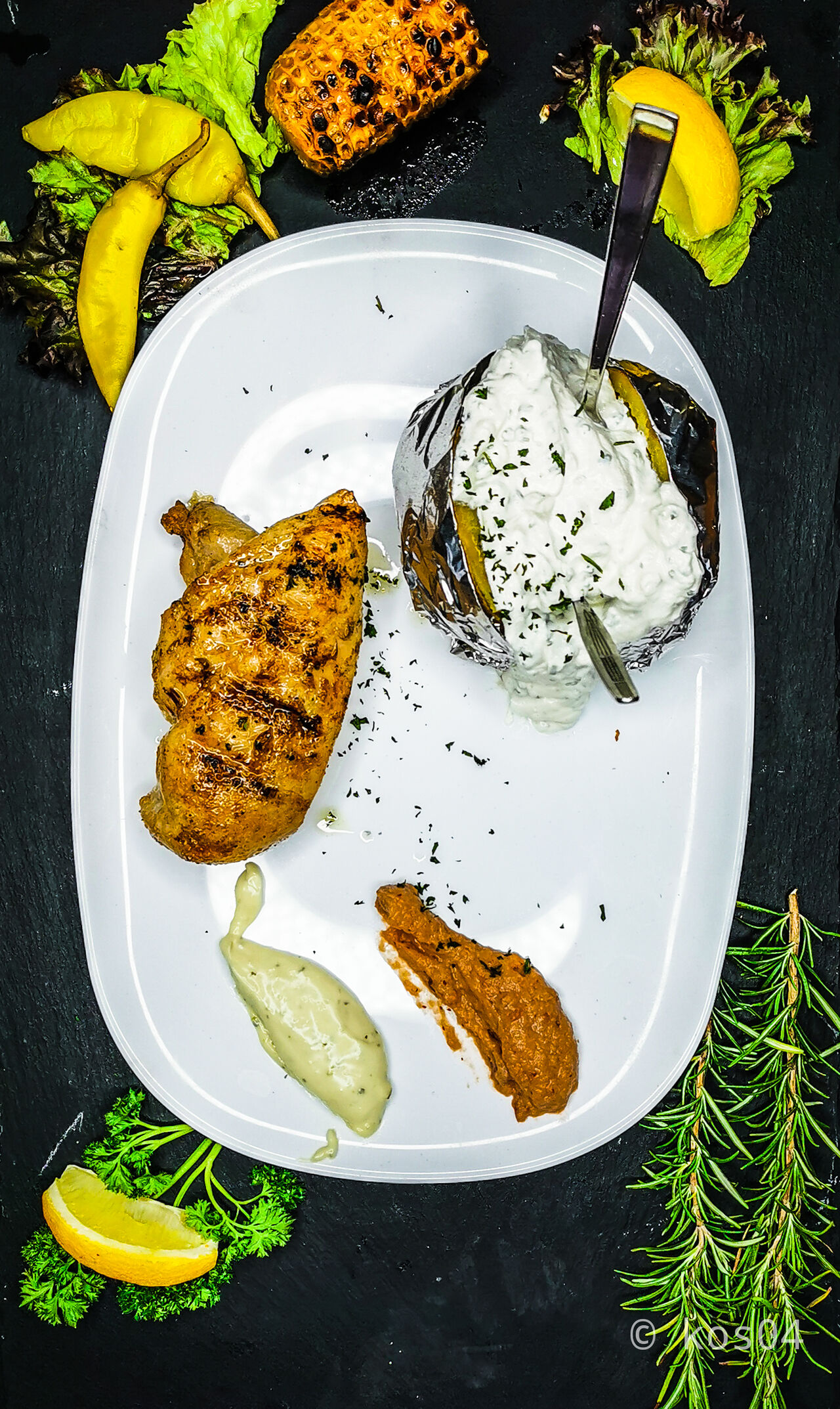 Hähnchenfilet mit Ofenkartoffel mit Kräutercreme.
