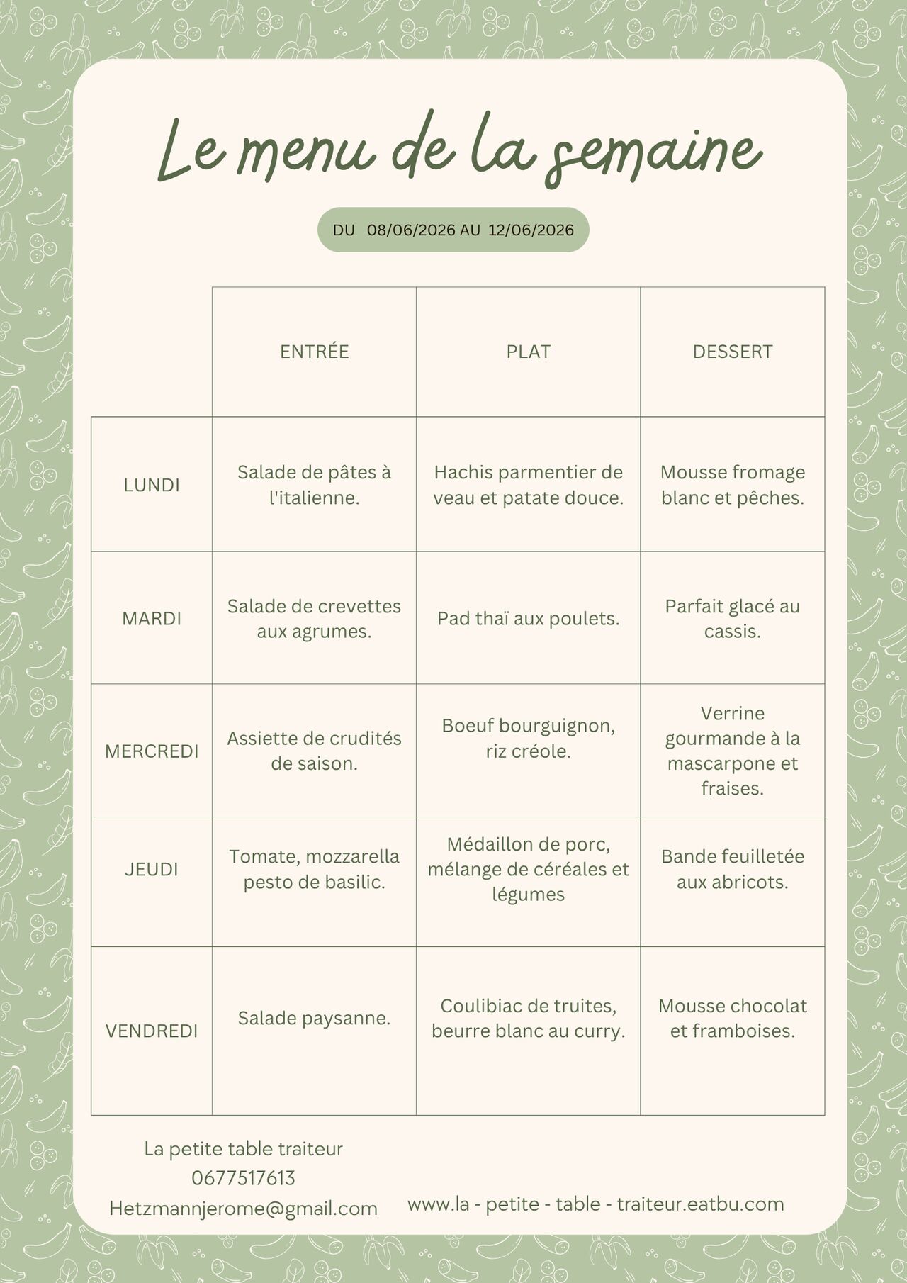 Menu du jour du 08 au 12 juin 2026