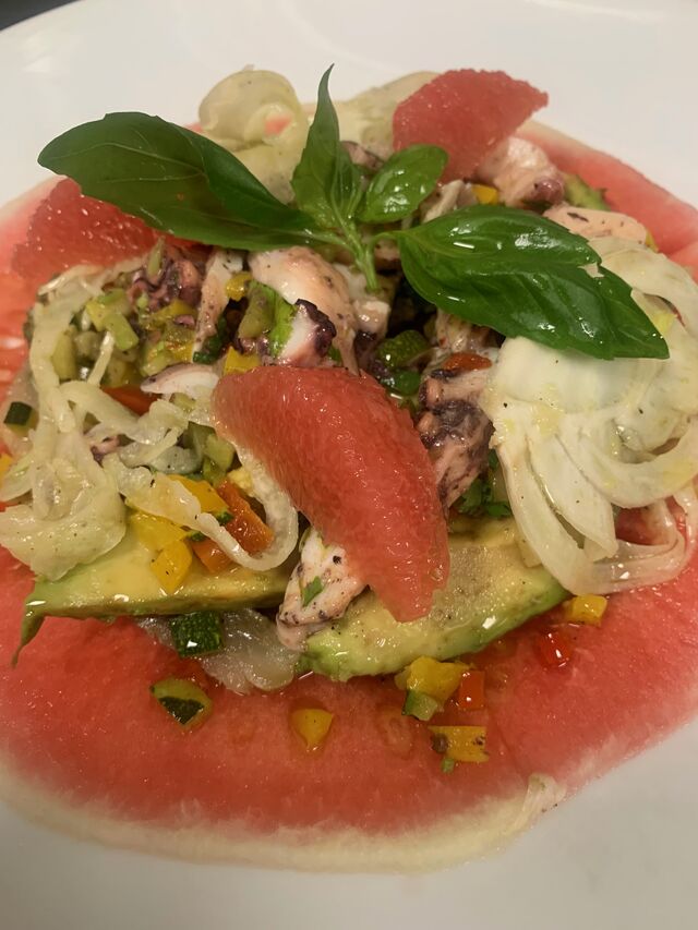 Salade de poulpe sur carpaccio de pastèque