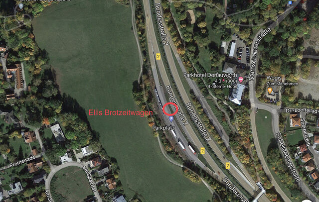 Hier auf dem Parkplatz an der B2 in Donauwörth / Parkstadt steht under Brotzeitwagen täglich von Montag bis Freitag 6:00-11:00 