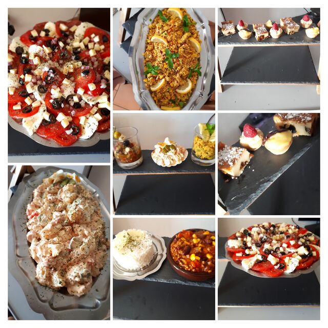 Tomates-mozza/taboulé/piémontaise/chili con carne-riz/trio de mini tartelettes au citron-framboise et far breton