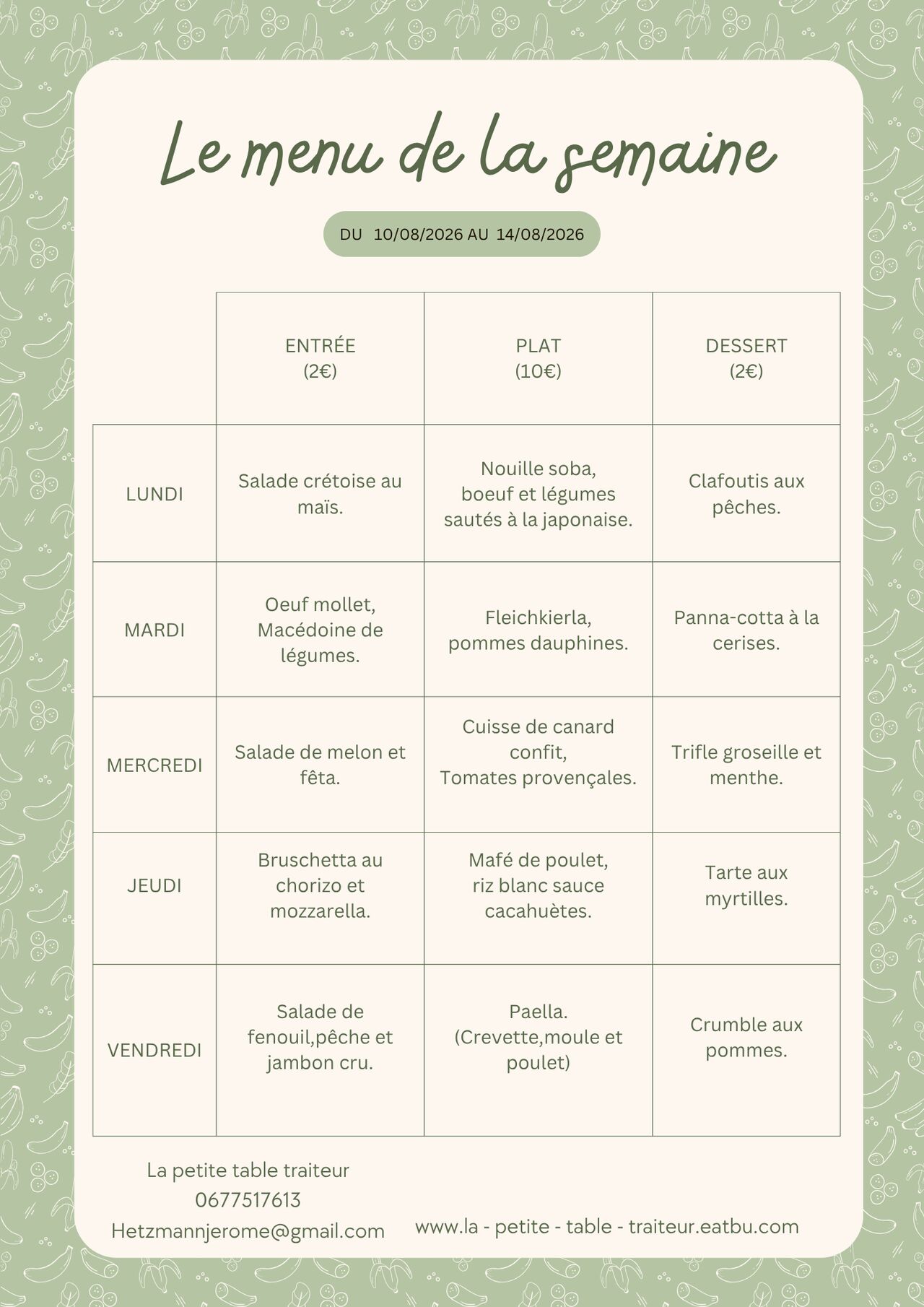 Menu du jour du 10 au 14 août 2026.
