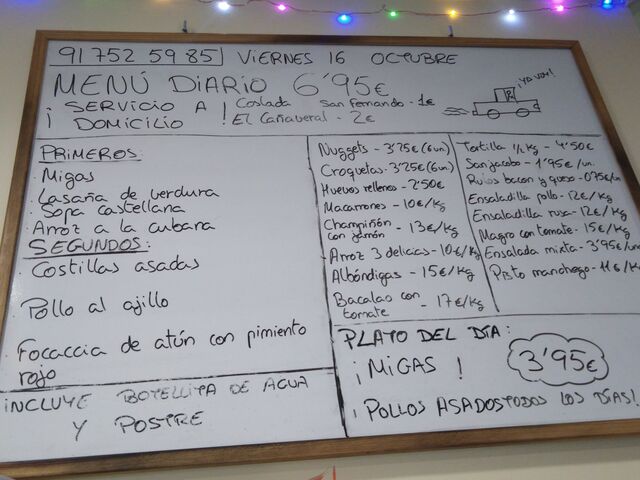 Nuestro menú de hoy, menú, pollitos, migas y maaaasss.
En tienda y a domicilio ?☎️917525985
Coslada, sanfer y cañaveral 