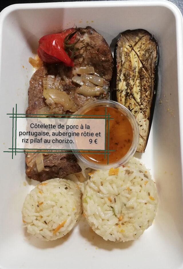 Plat du 22 juin 2021
Côtelette de porc, aubergine au four et riz pilaf au chorizo