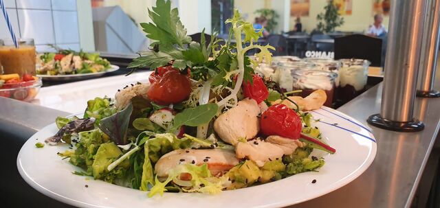 Sommersalat mit Avocado und Hähnchenstreifen