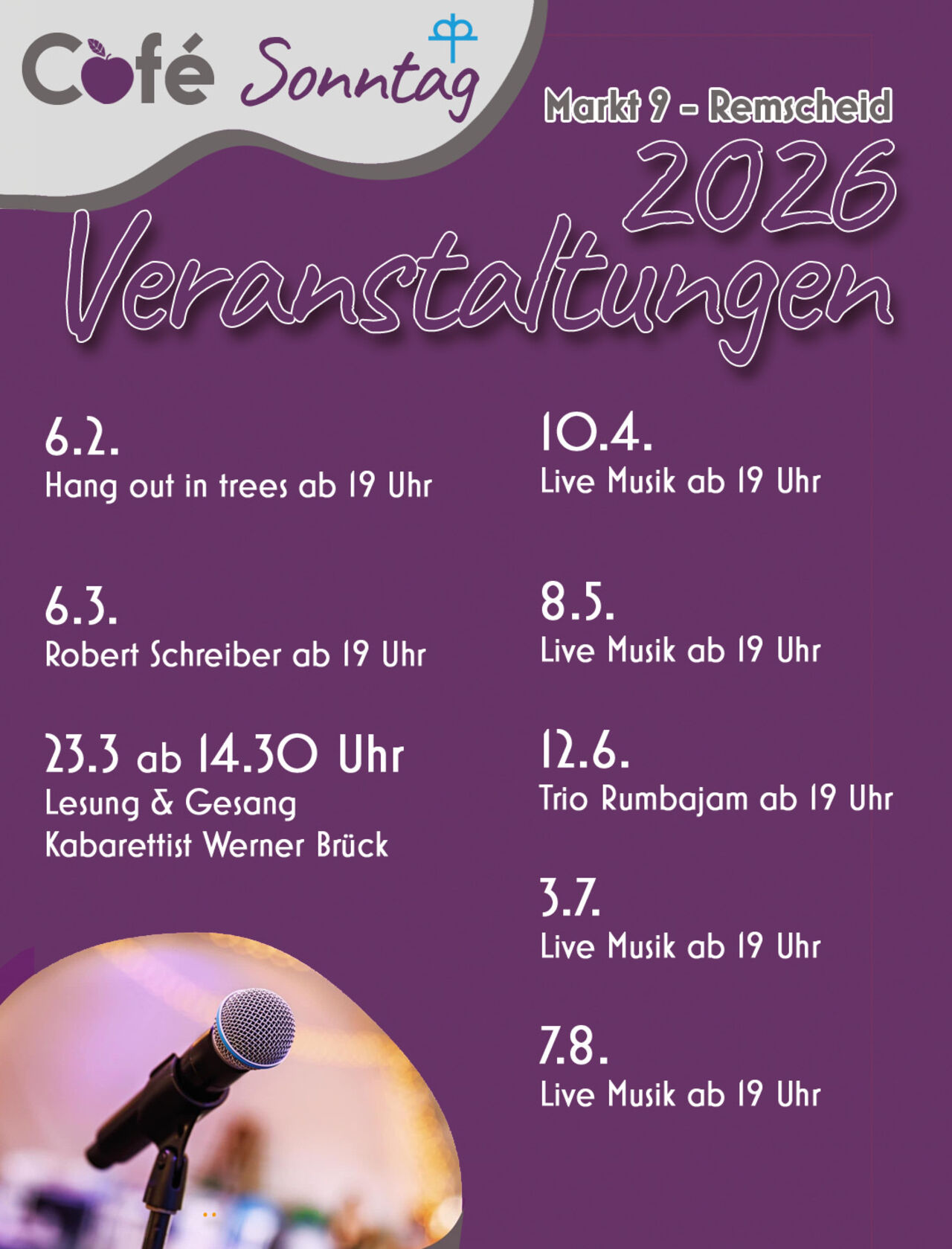 Veranstaltungstermine für Livemusik, 2026