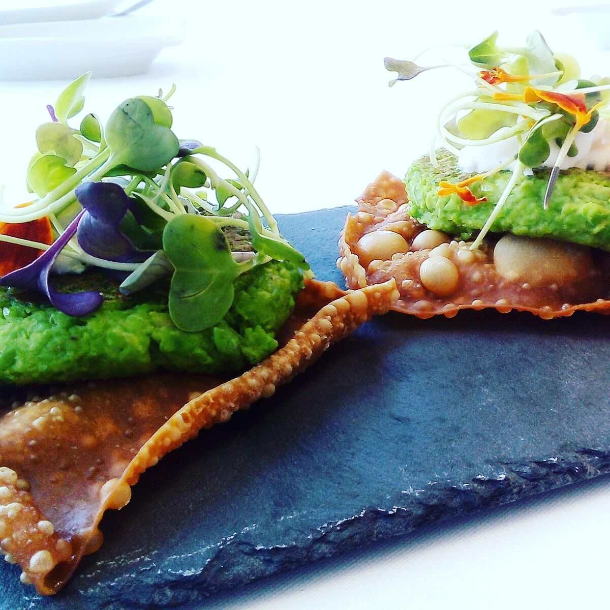 Mini burguer de guisantes, won ton frito y salsa raita