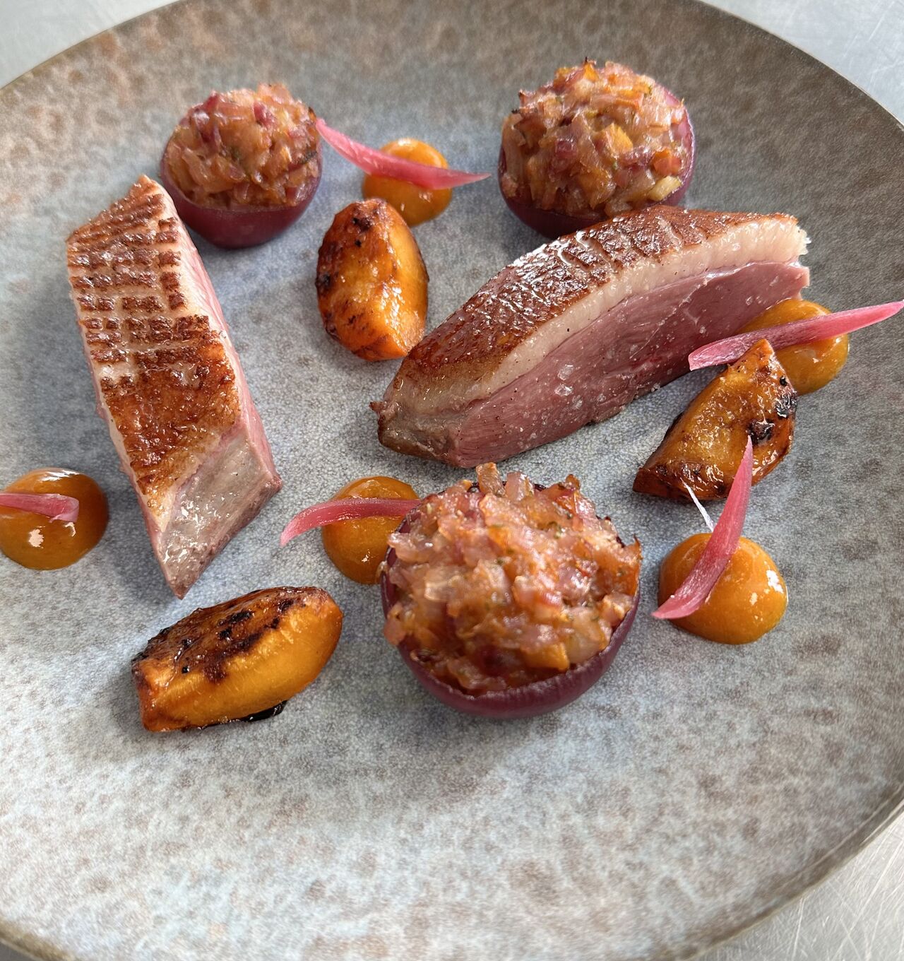 Canard oignon rouge abricot