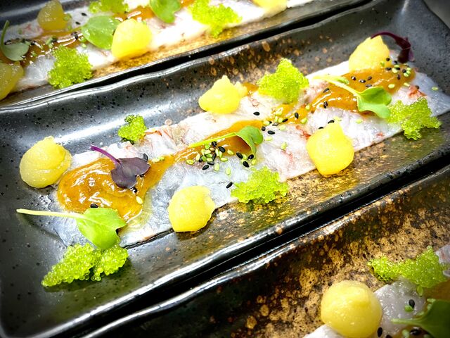 Carpaccio de gambes, garota, wasabi i citrics