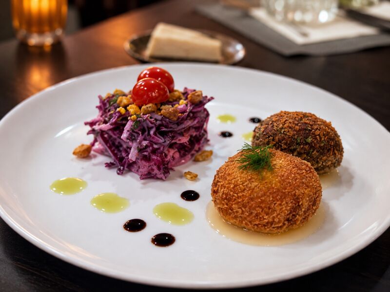Croquettes crémeuses japonaises Maïs doux & aubergine grillée, tomate au dashi