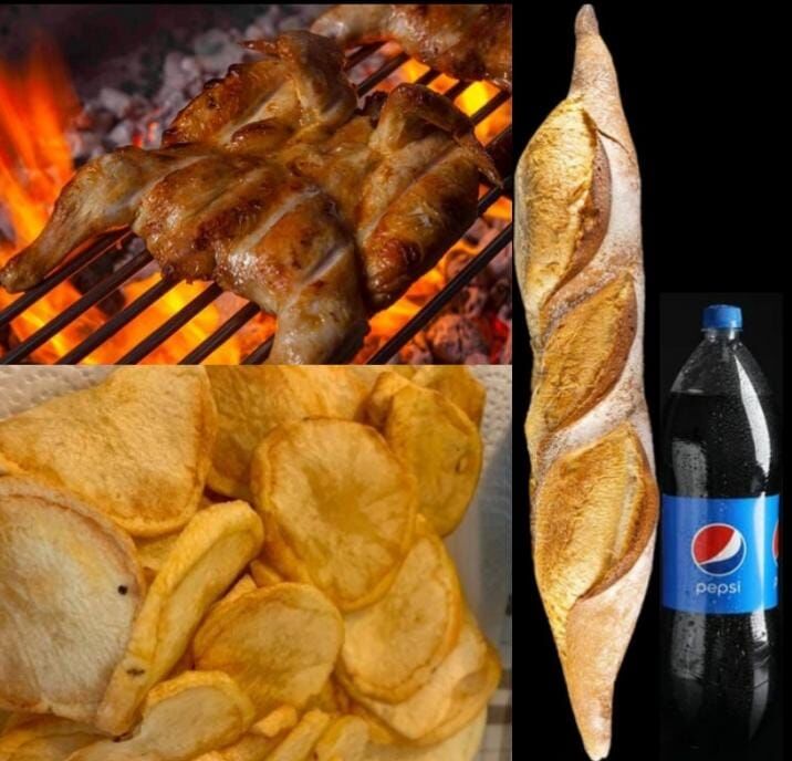 Menú 1: Pollo entero al carbón + Patatas fritas caseras (400g) + Pepsi 1.75 L + Barra de pan + Salsa -Precio 17€-