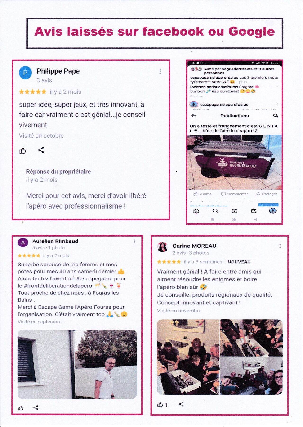 Quelques avis laissés sur facebook et Google 