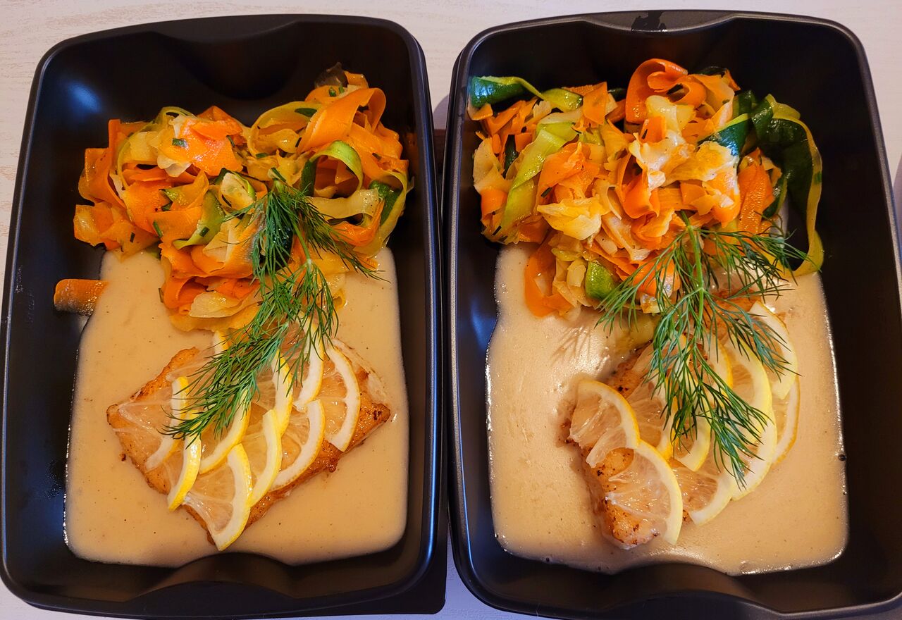 Filet de loup sauce champagne et tagliatelles de légumes