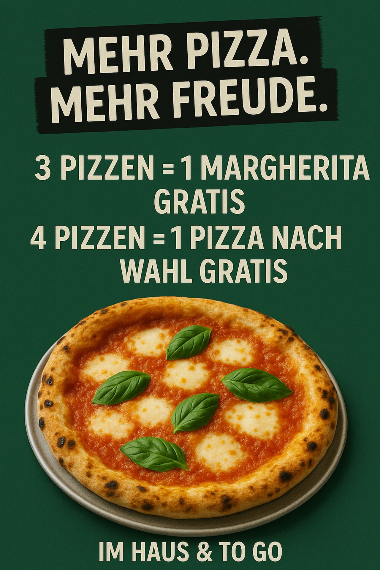 Pizza-Aktion - nur für kurze Zeit! • Bestelle 3 Pizzen, und du bekommst eine Margherita gratis dazu! • Bestelle 4 Pizzen, und du erhaltst eine Pizza nach Wahl gratis! Gilt im Restaurant und auch zum Mitnehmen.