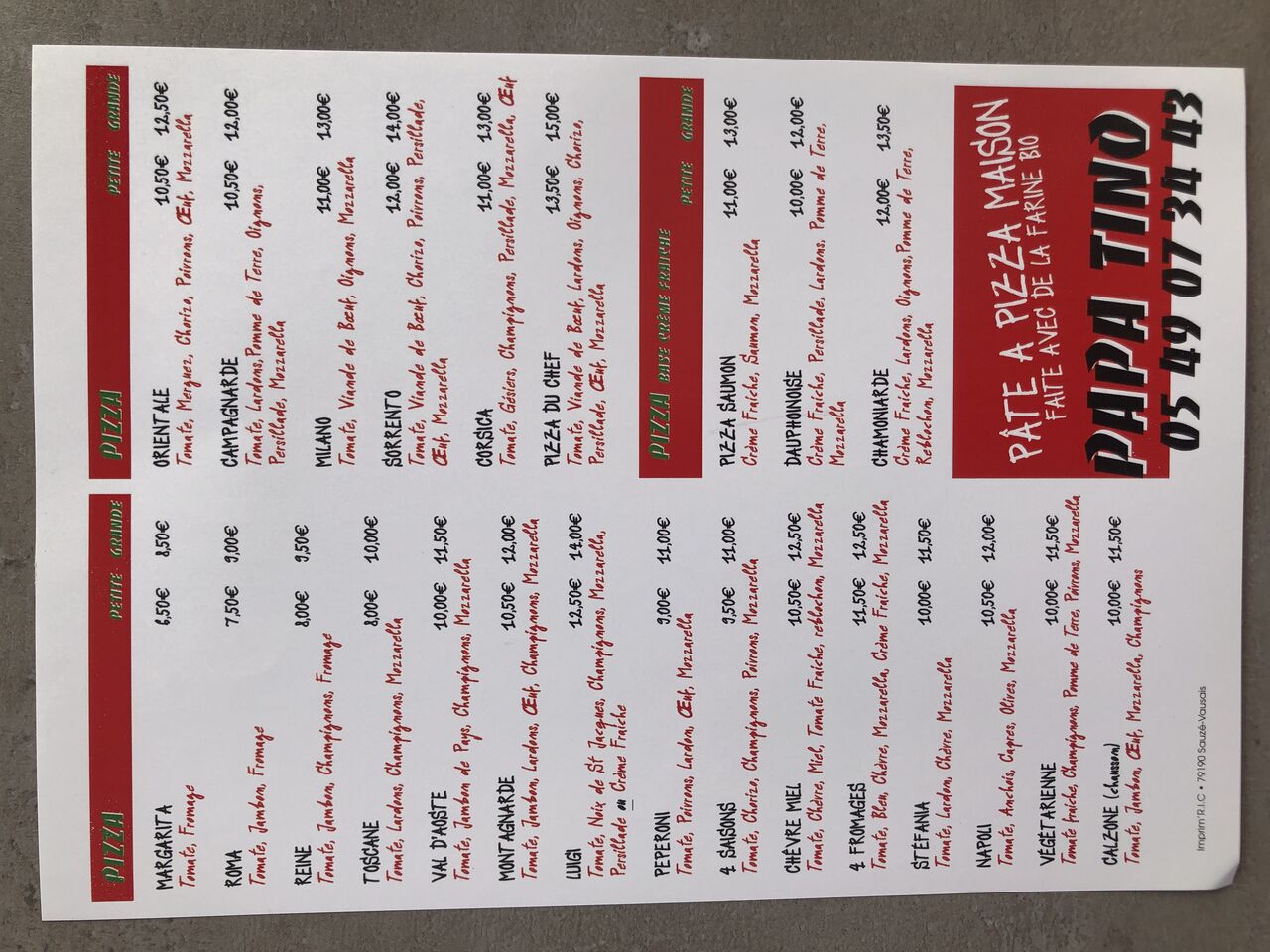 Carte des pizzas à emporter 
