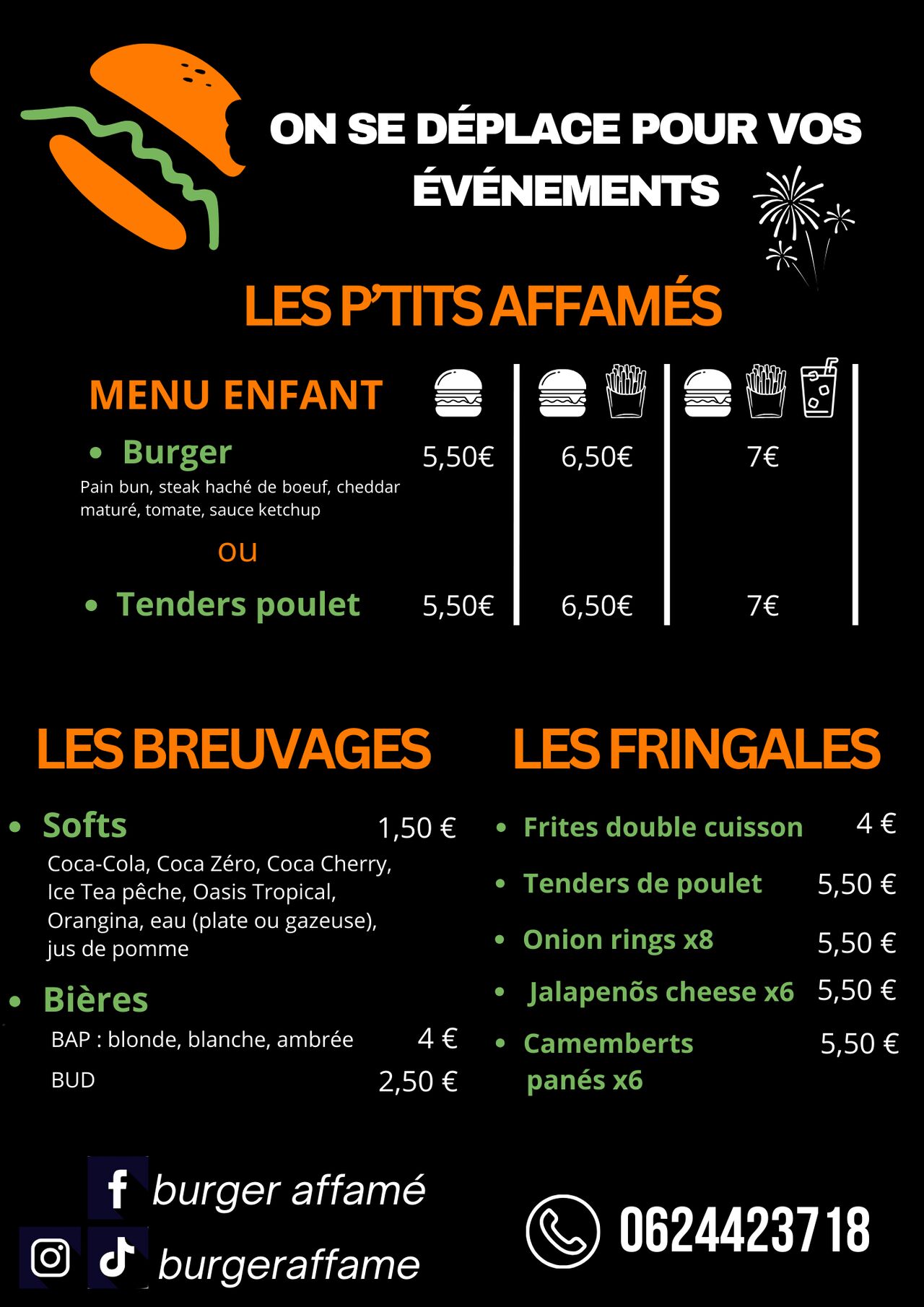 Menu Enfant, boissons, fringales