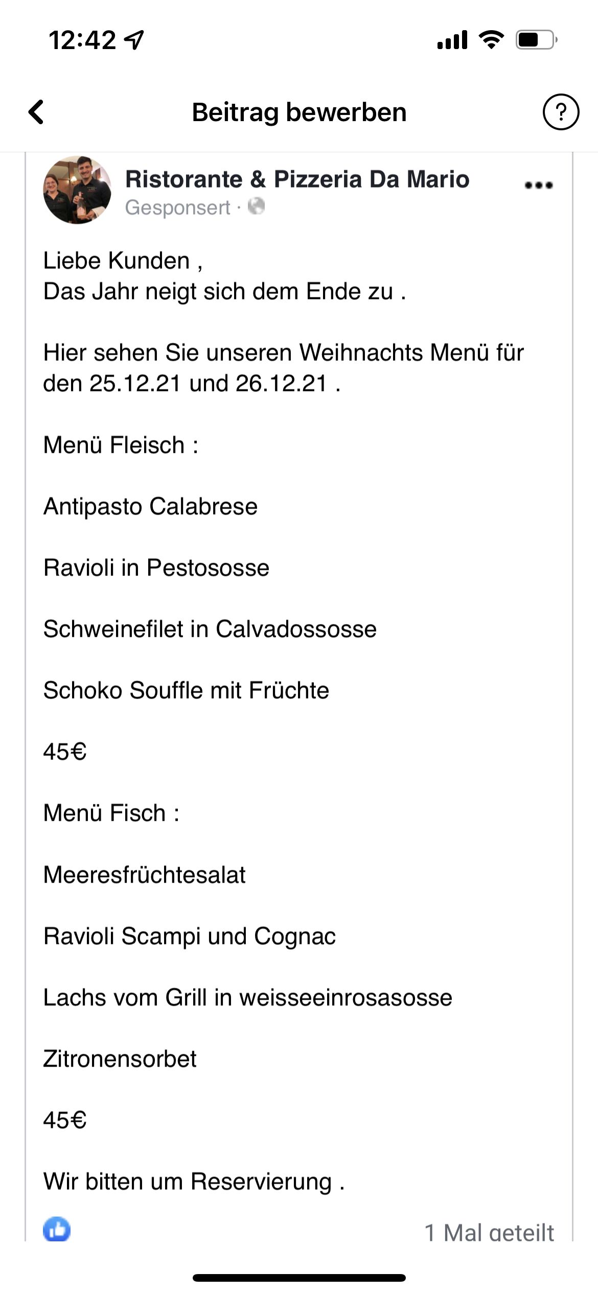 Weihnachts menü für den 25.12.21 und 26.12.21 .Nur Mittags
Bitte reservieren 