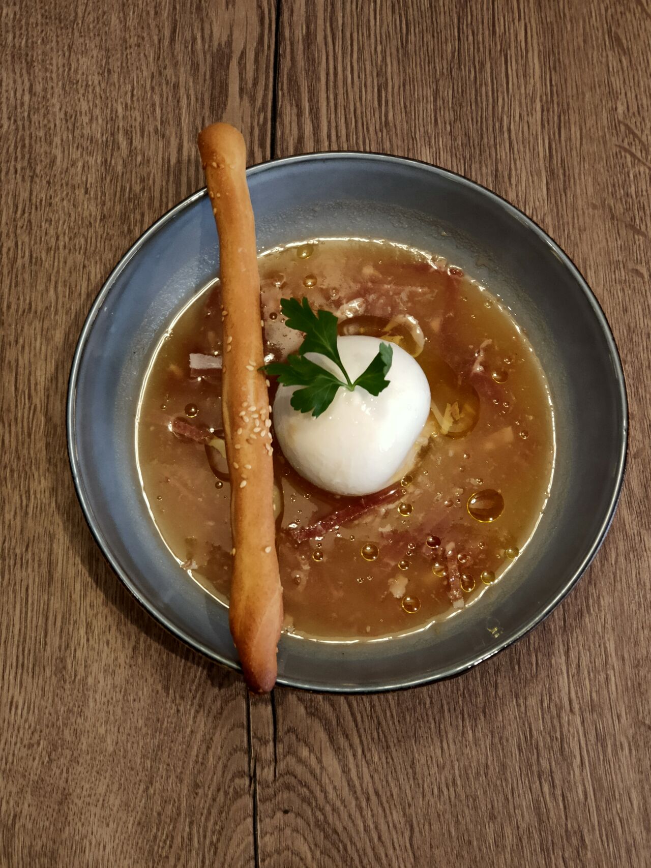 gaspacho tomate ananas burrata jambon cru gressin