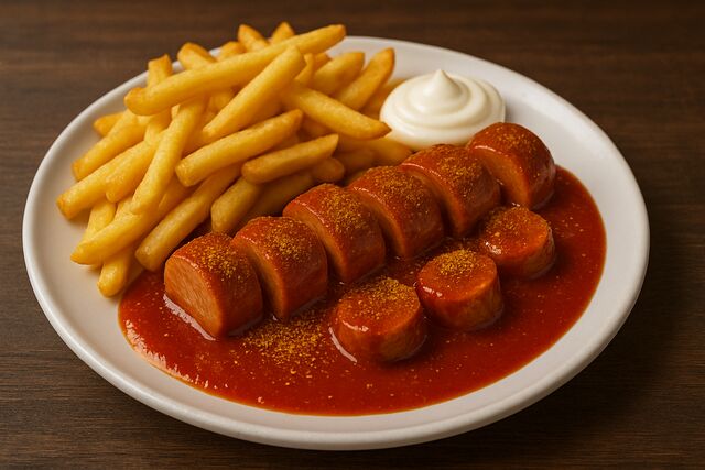 Currywurst mit hausgemachter Soße und knusprigen Pommes in Hennef
