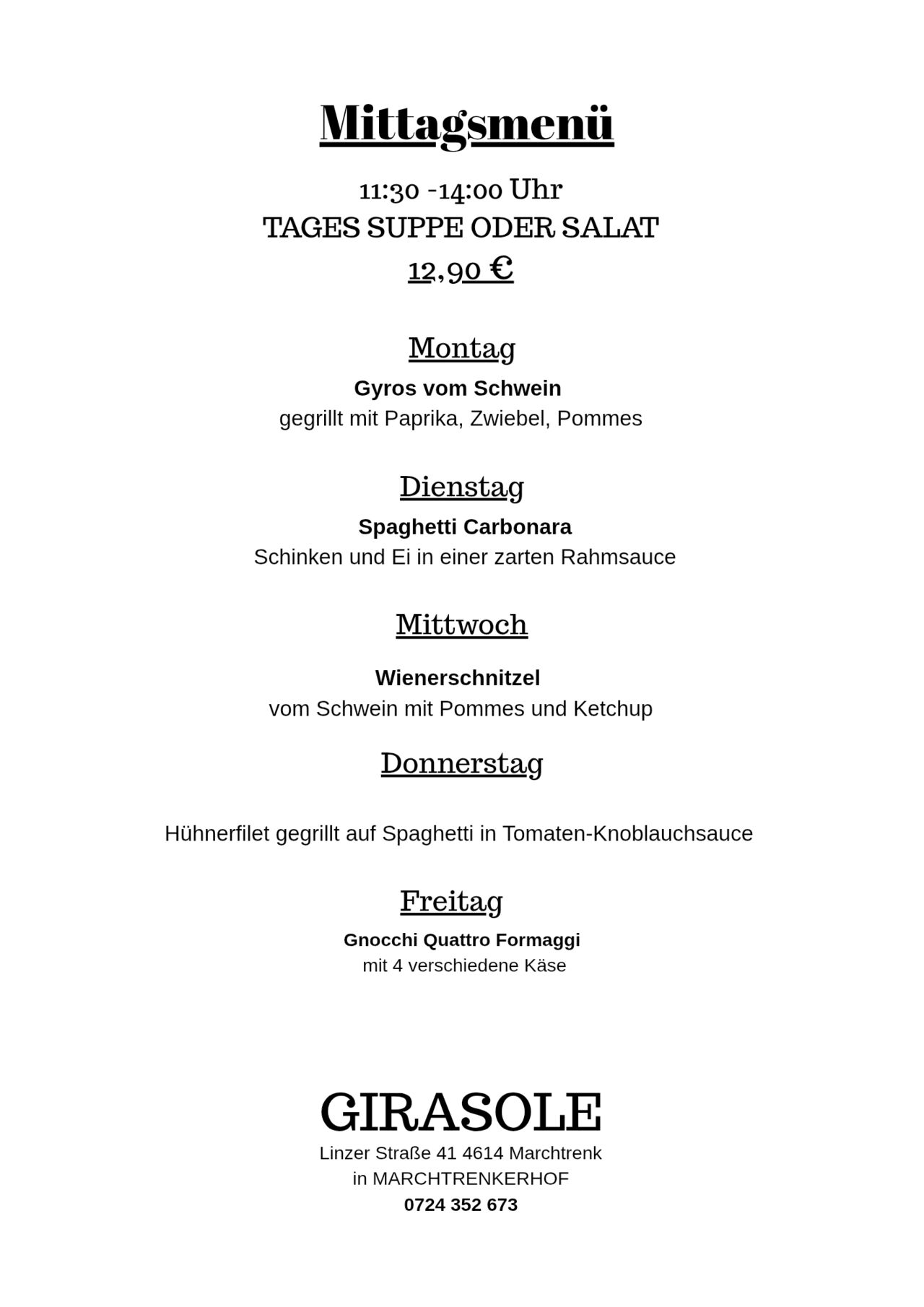 🍽️ Unser Mittagsmenü vom 12.– 16. Jänner🤩 Frisch gekocht, lecker & mit viel Liebe gemacht 😋 📍 giraSole – Linzerstraße 41, 4614 Marchtrenk