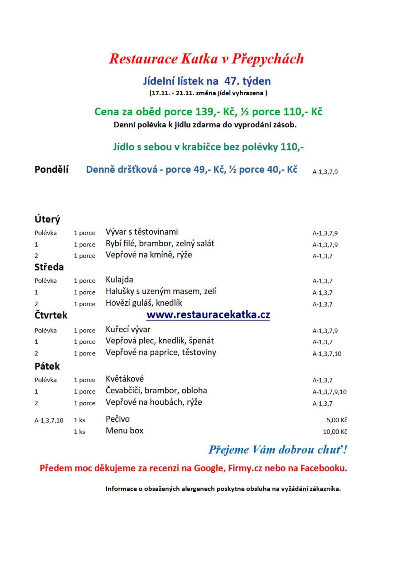 Jídelní lístek na 47. týden 2025