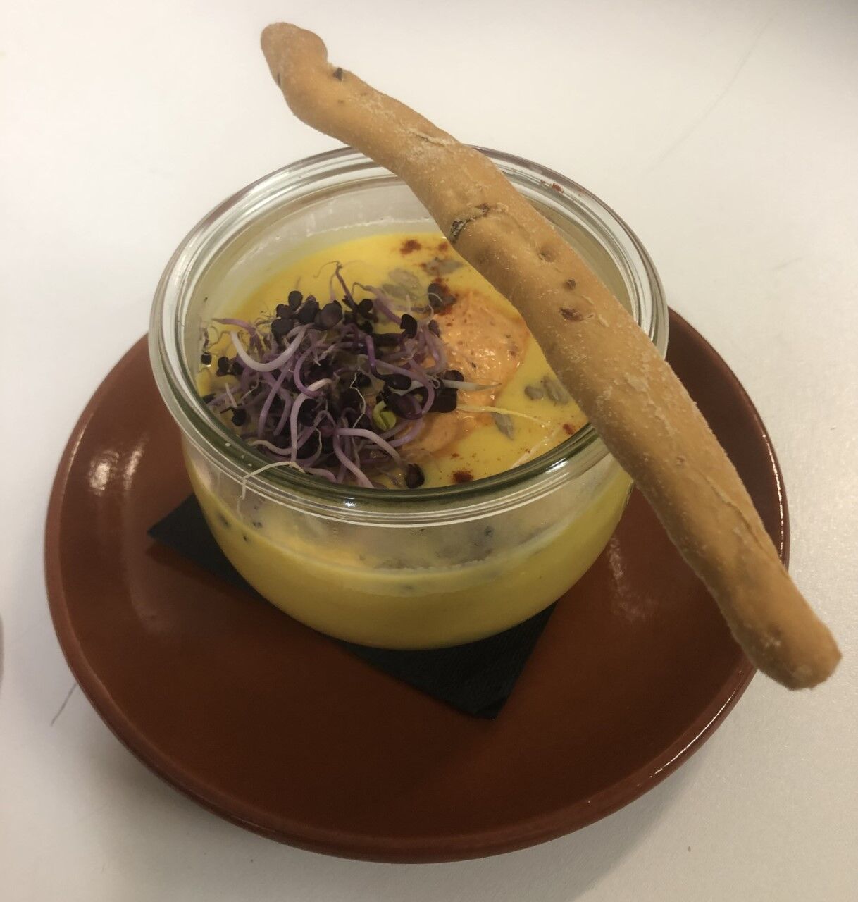 Velouté de potiron et patate douce et crème de sobrasada