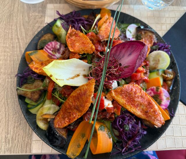 Salade de rouget mariné au paprika, aubergines grillées, tomates séchées, chou rouge, feta, courgettes et carottes