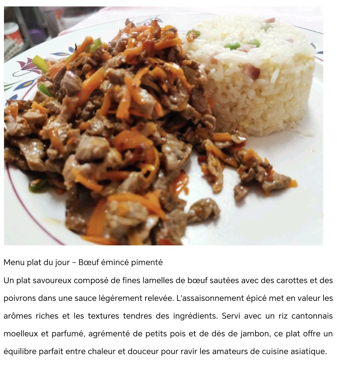 Menu plat du jour – Bœuf émincé pimenté