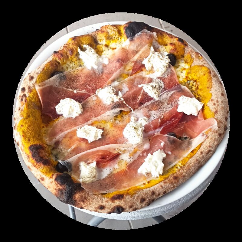 Novembre La Zucca - base crème potimarron maison, mozza, gorgonzola, speck, bufala