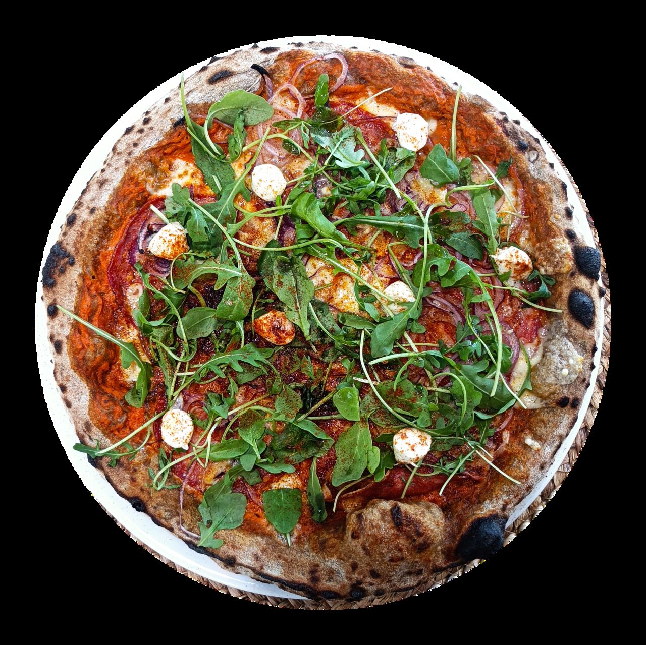 Août La Pepe Piccante - Base crème de poivrons maison, mozza FDL, tranches de spianata ou ventricina, oignons rouges et parmesan